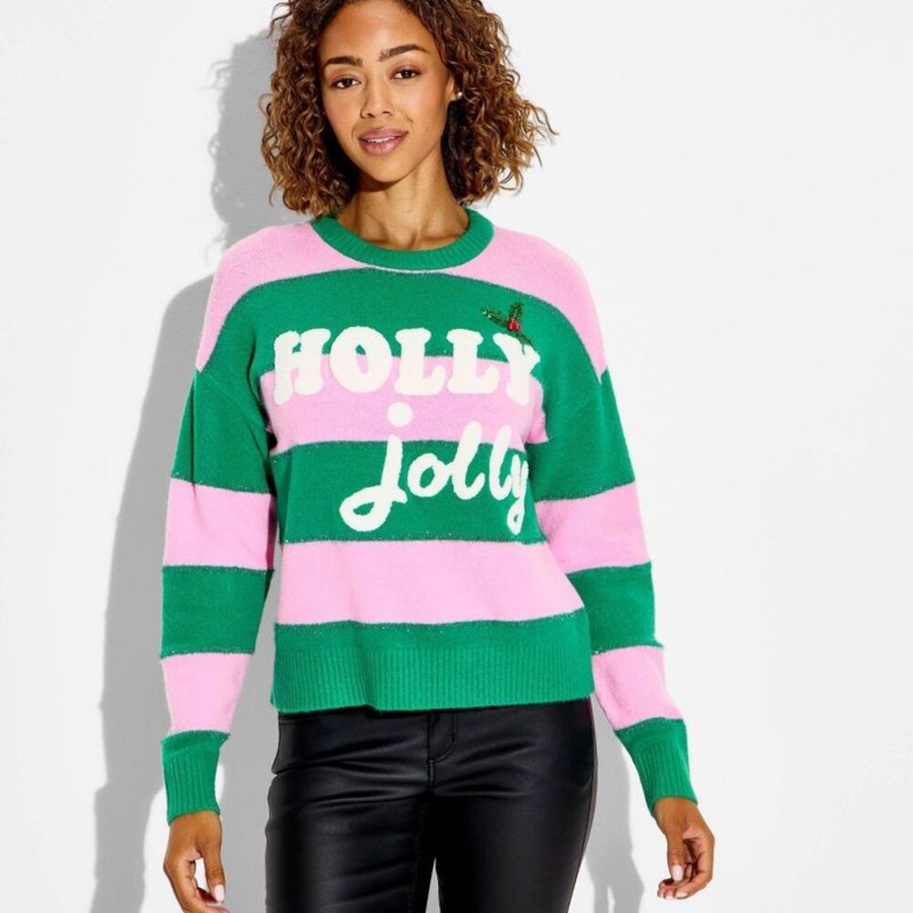 Women's Holly Jolly Festive Graphic Sweater - Multicolor Striped S